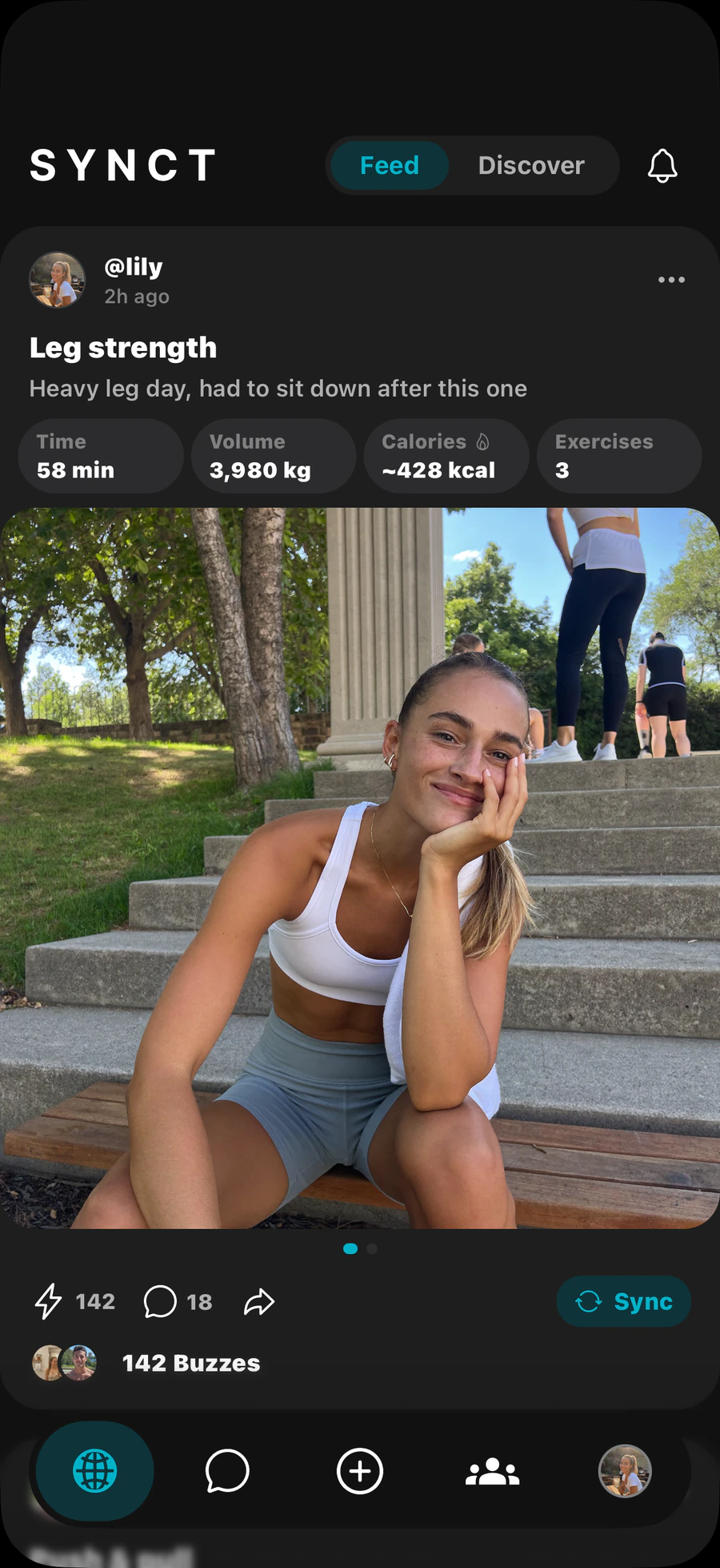 iPhone showing the SYNCT feed of friends workouts you can sync into your library