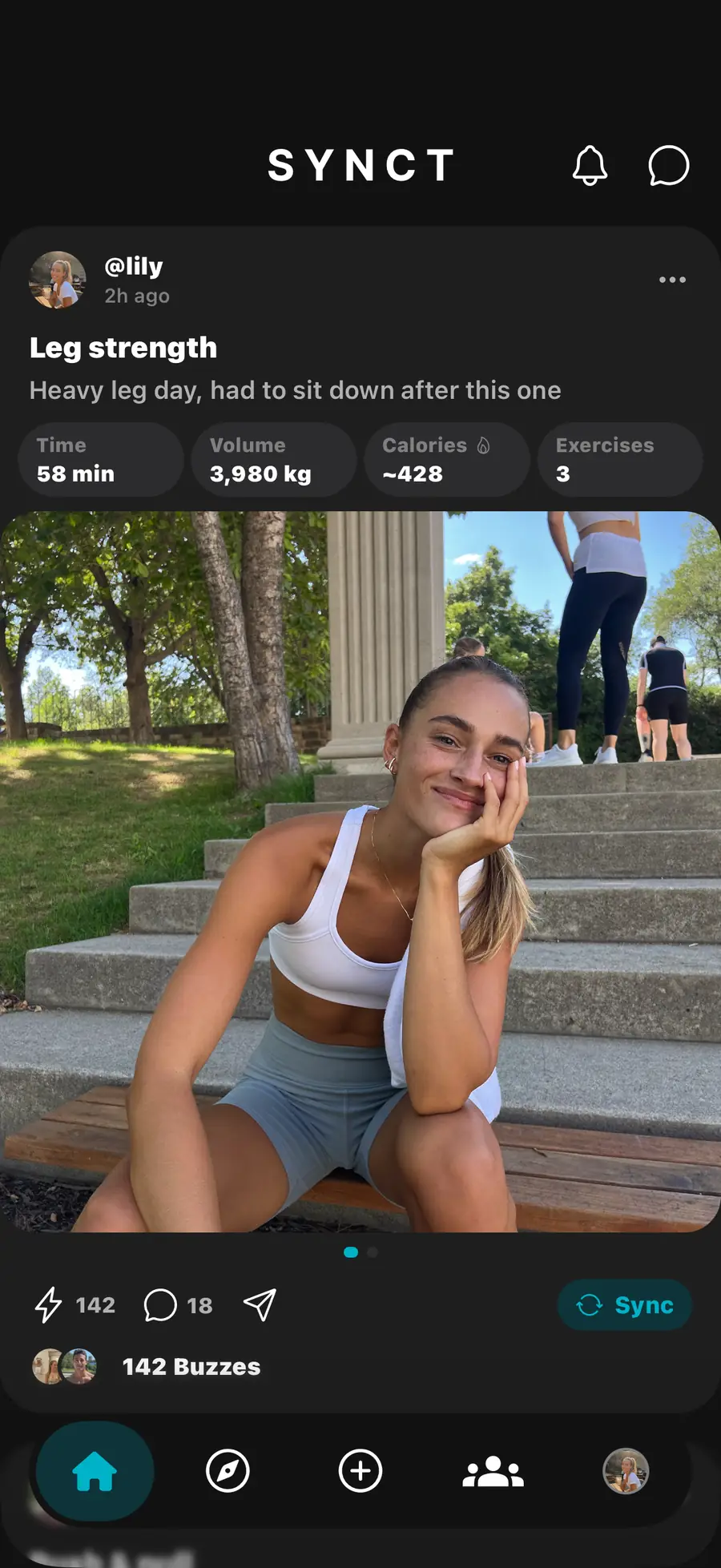 iPhone showing the SYNCT social feed of friends training