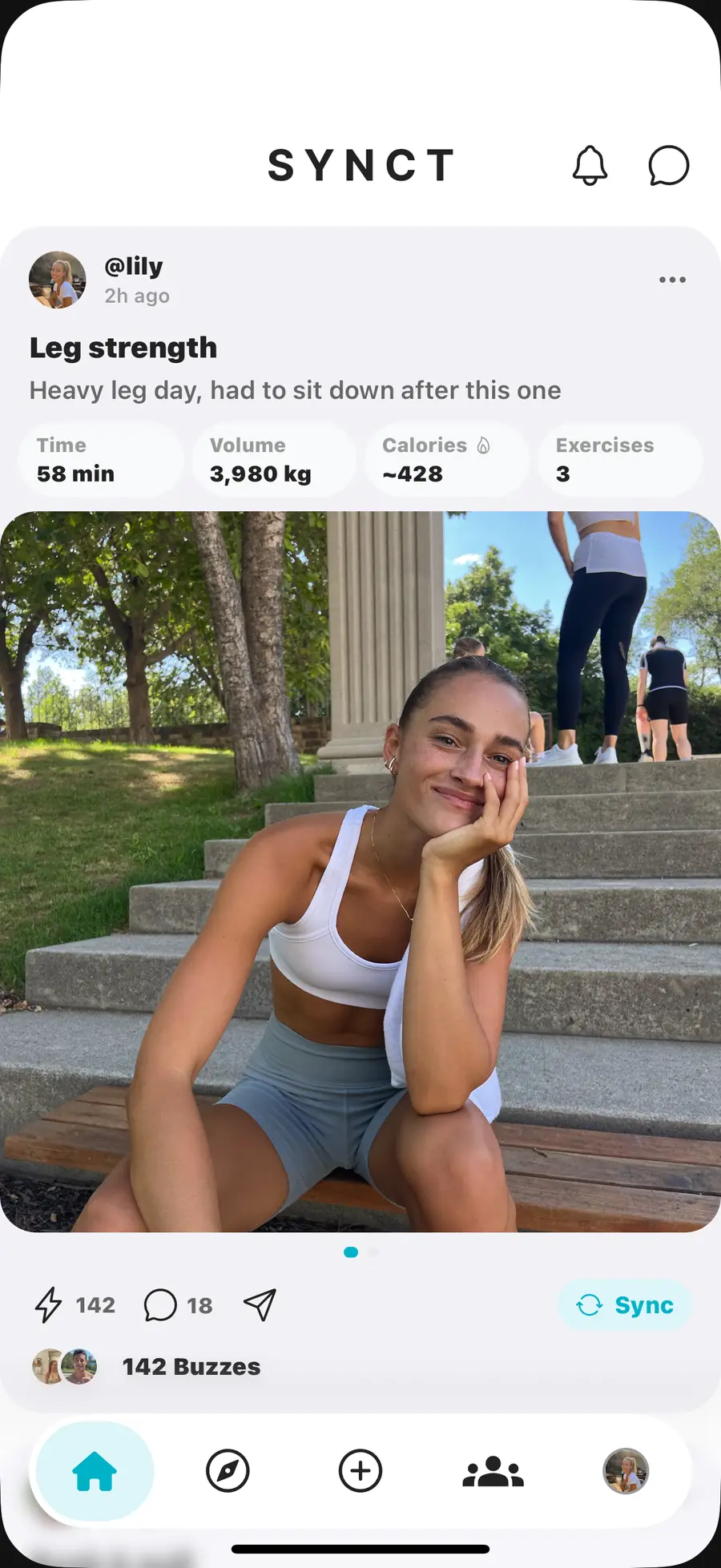 iPhone showing the SYNCT social feed of friends training